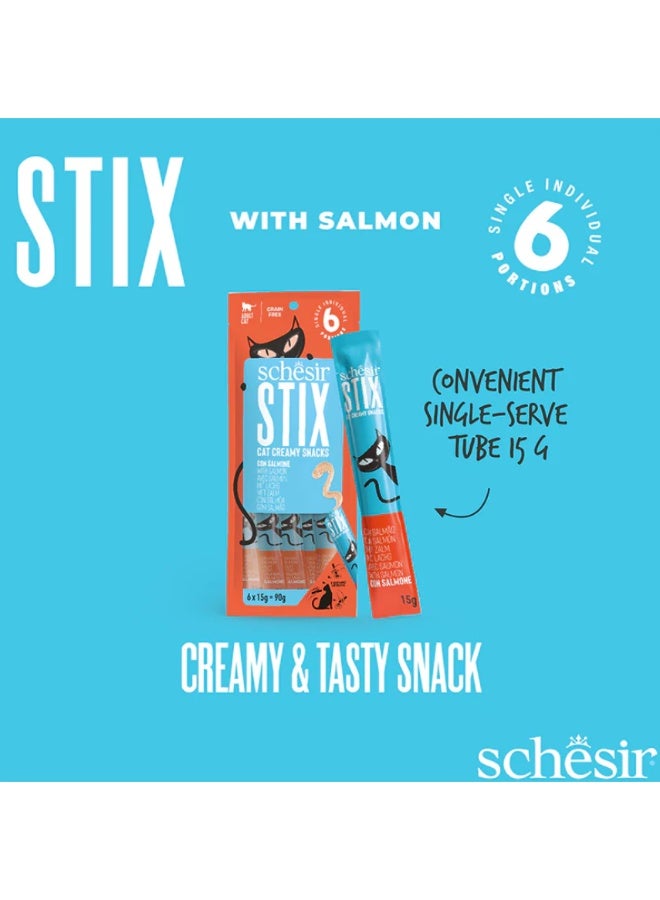 Schesir Stix Cat Creamy Snacks – Salmon – Grain-Free Lickable Treats for Adult Cats – 90 g (6 x 15 g Sticks) - Image 3